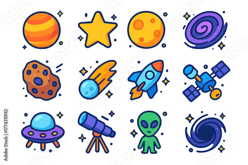 Colorful Space Icons. space objects. Colorful isometric vector icons set of space objects: planets, stars, moons, galaxies, asteroids, comets, rockets,