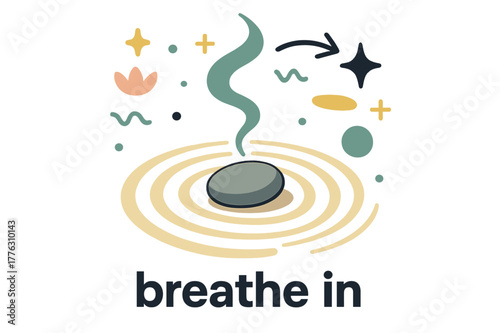 Serene Pebble Meditation. Pebble ? Meditation Focus. A single pebble rests at the center of soft sand spirals; incense smoke curves upward. Caption ?breathe