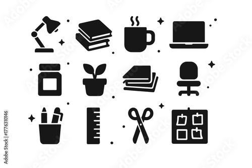 Creative Workspace Icons. Creative Workspace. Solid icons set of Creative Workspace: desk lamp, sketchbook stack, coffee mug, laptop, paint jar, potted plant,