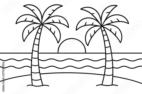 Palm Tree Sunset Coloring. Palm tree sunset scene children?s coloring book illustration, outlined drawing, two tall palms with a setting sun and wavy horizon