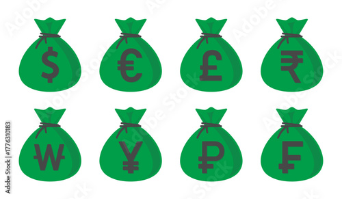 Money bags with global currency symbols dollar, euro, pound, rupee, won, yen, yuan, ruble and franc vector icon set in green color