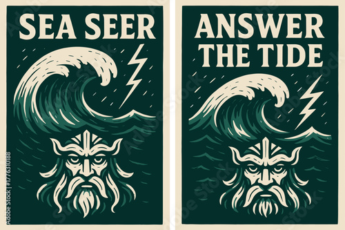 Storm-Edge Seer Banners. Storm-Edge Seer. Two vertical A6 banners with safe margins, centered composition, no elements touching edges, bold, emerald and ivory,