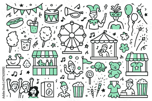 Carnival Celebration Doodle. Festival and carnival celebrations. Hand-drawn doodle illustration Festival and carnival celebrations, festival food, colored