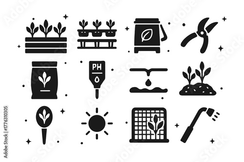 Sage Gardening Icons. Sage herb gardening. Solid icons set of Sage herb gardening: raised bed, seedling tray, compost bin, pruning shears, soil bag, pH meter,