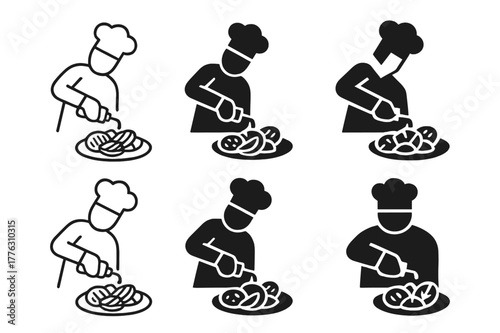 Chef's Artistic Touch. A chef adding a drizzle of balsamic glaze over a dish of grilled vegetables. Set Logo of A chef adding a drizzle of balsamic glaze over