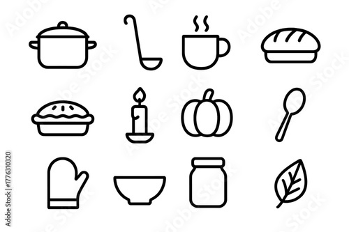 Cozy Cooking Icons. Cozy cooking. Line outline icon set of cozy cooking: pot, ladle, cup, bread, pie, candle,