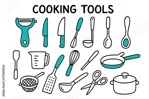 Doodle Cooking Tools. // Cooking tools. Hand-drawn doodle illustration cooking tools [vegetable peeler (accented), chef?s knife (accented), tongs, ladle, spoon