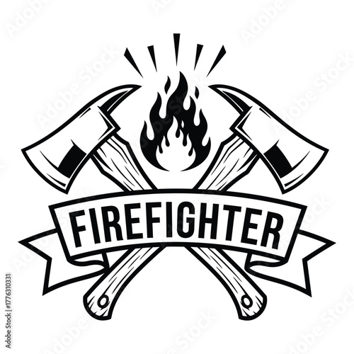 Crossed axes with fire and firefighter banner