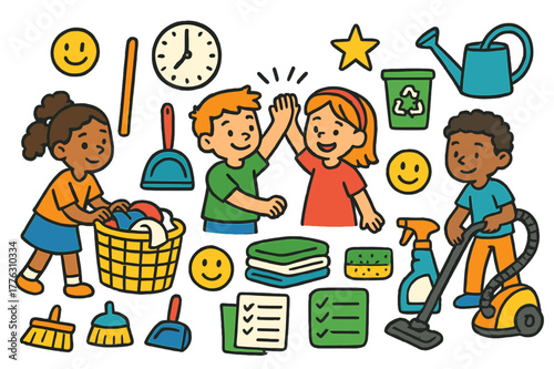 Teamwork Chores Icons. Teamwork chores. Colorful Hand-drawn doodle Children illustration Teamwork chores laundry basket, broom, dustpan, spray bottle, folded