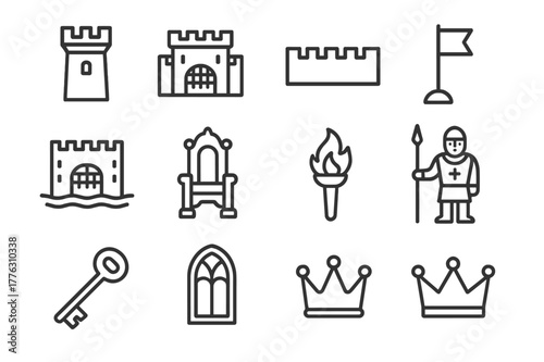 Medieval Castle Icons. Medieval castle. Line icon set of medieval castle: tower, gate, wall, flag, bridge, moat, throne, torch, guard, key, window, crown. All