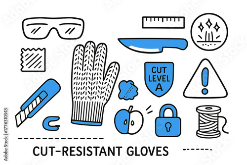 Cut-Resistant Gloves Doodle. // Cut-resistant gloves. Hand-drawn doodle illustration cut-resistant gloves [glove pair with knit texture (accented), knife blade