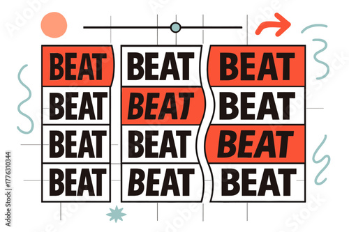 Dynamic Rhythm Grid. Kinetic Typography ? Rhythm Grid. Blocks of ?BEAT / BEAT? jump on a tidy grid; a tiny playhead sweeps left to right. Letters compress and