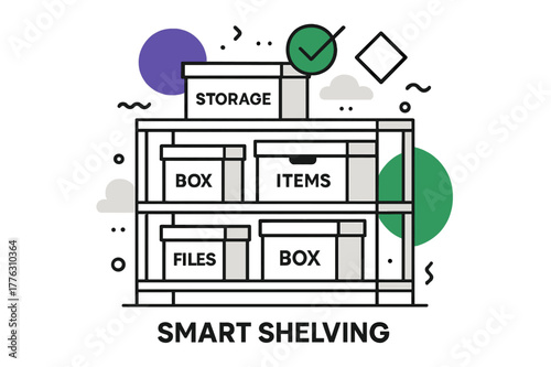 Smart Modular Shelving. Smart shelving. Modular shelves with labeled boxes and abstract floating geometric
