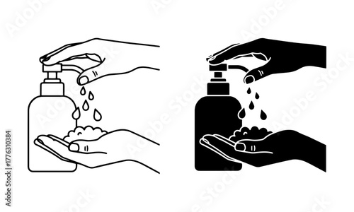 Hand pressing Soap Dispenser Pump Icons with liquid soap droplet Vector
