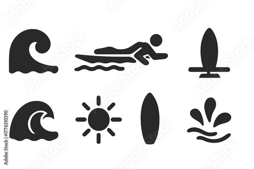Surfboard Icon Set. Surfboard testing. Filled icon set of surfboard testing: ocean wave, surfboard on water,