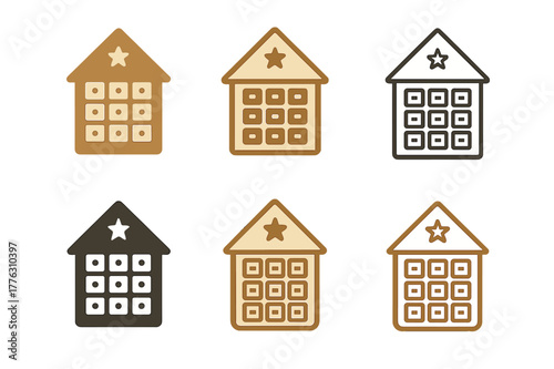 Advent Calendar Logos. Christmas advent calendar ideas. Set Logo of christmas advent calendar ideas: wooden house drawer calendar. Icon set. harmonious logo