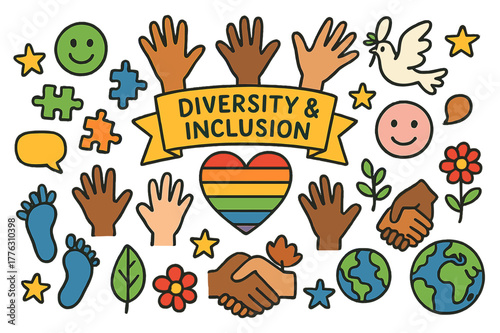 Colorful Diversity Doodle. Diversity and inclusion. Colorful Hand-drawn doodle Children illustration Diversity and inclusion hands of all colors, rainbow