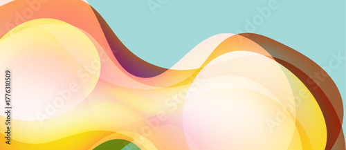 Abstract shapes overlap, creating vibrant color blends. Soft gradients suggest flowing movement, light hues dominate composition.