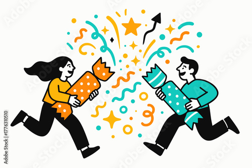 Exploding Holiday Crackers. Festive crackers. Brightly wrapped holiday crackers exploding with glowing