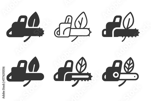 Deforestation Logo Variations. Deforestation. Set Logo of deforestation: chainsaw and leaf outline. Icon set. harmonious logo variations of the same emblematic