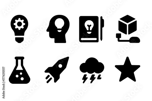 Innovation Icon Set. Innovation and ideas. Filled icon set of innovation and ideas: lightbulb gear, creative