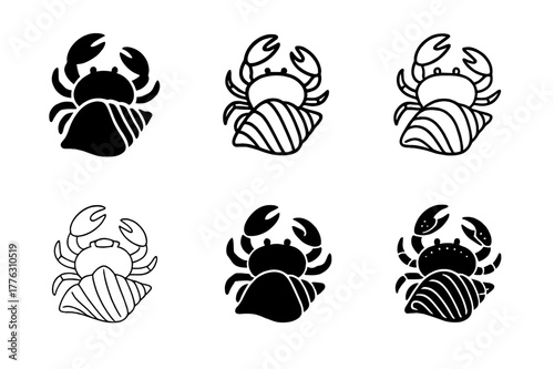 Crab Logo Variations. Tidal pools and their diverse aquatic life. Set Logo of crab: small crab climbing over shell. Icon set. harmonious logo variations of the