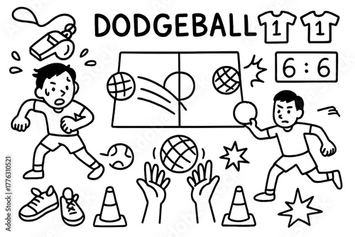 Dodgeball Doodle Icons. Dodgeball. Hand-drawn doodle illustration dodgeball soft balls, players dodging, court lines, center circle, hands catching, motion