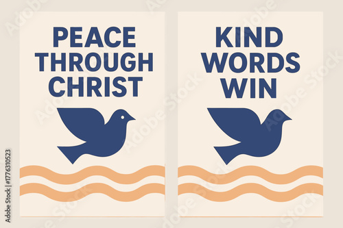 Peaceful Indigo Banners. Peace of Christ. Two vertical A6 banners with safe margins, centered composition, no elements touching edges, geometric, indigo and