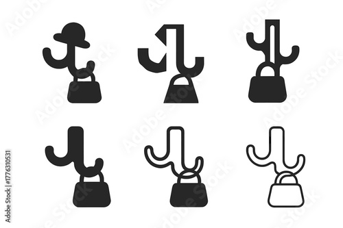 Dual-Purpose Hook Icons. Adding hooks or racks for bags, hats, or coats. Set Logo of Adding hooks or racks for bags, hats, or coats: dual-purpose double hook