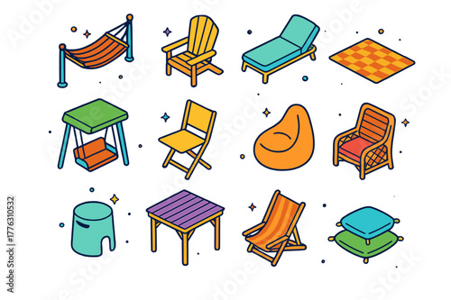 Garden Seating Icons. Garden seating options. Colorful isometric vector icons set of Garden seating options: hammock, adirondack chair, chaise lounge, picnic