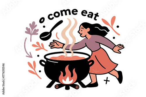 Hearty Gathering Bowl. Keeper of the Hearth ? Gathering Bowl. A heavy pot steams over low flame; herbs and ladle orbit in a gentle circle. Text ?come eat?