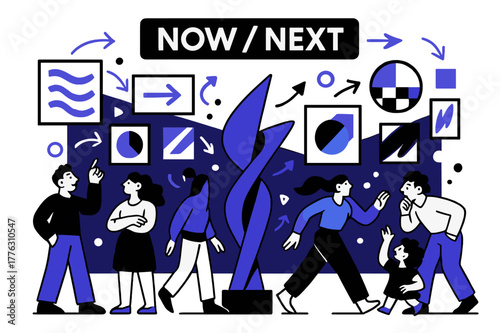 Dynamic Art Gallery. Contemporary art movements. A gallery wall morphs as frames rearrange themselves; ?Now / Next? glows above a curious crowd. A bold
