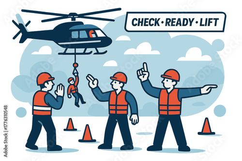 Hoist Drill Practice. Training Day Hoist Drill. Cones mark the LZ; crews practice hand signals under a crisp blue sky. ?CHECK ? READY ? LIFT? ticks across a