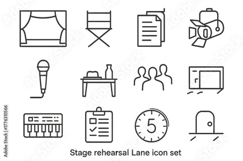 Stage Rehearsal Icons. Stage Rehearsal. Line icon set of Stage Rehearsal: open stage, director chair, script pages, spotlight, microphone, floor tape marks,