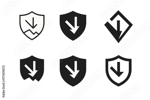 Risk of Loss Logos. Risk of loss. Set Logo of Risk of loss: broken shield with downward arrow. harmonious logo variations of the same emblematic concept, each
