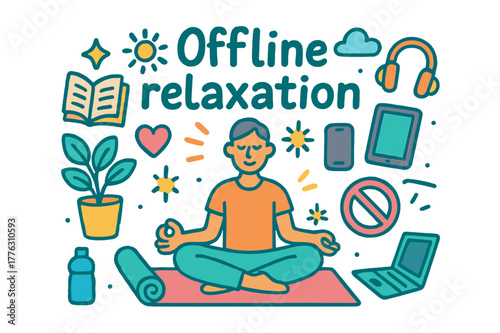 Offline Relaxation Doodle. Offline relaxation. Hand-drawn doodle illustration of offline relaxation.