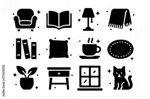 Cozy Reading Icons. Quiet Reading Space. Solid icons set of Quiet Reading Space: armchair, book, lamp, blanket, bookshelf, cushion, coffee cup, rug, plant,