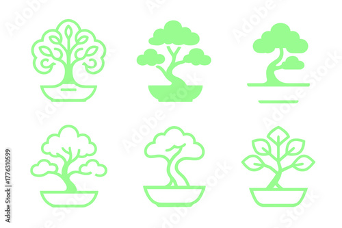 Luminous Bonsai Designs. Synthetic plants that glow in the dark. Set Logo of Synthetic plants that glow in the dark: luminous bonsai tree. Icon set. harmonious