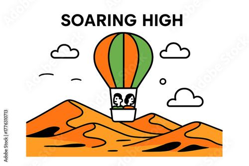 Desert Balloon Adventure. Riding in a hot air balloon over a vast desert. A colorful balloon floats above