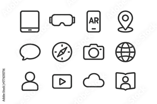 Interactive Icon Set. Interactive tours. Line outline icon set of interactive tours: tablet, VR headset, AR