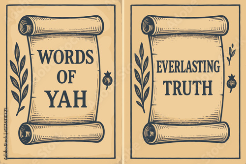 Ancient Scroll Art. Ancient Scrolls. Two vertical A6 banners with safe margins, centered composition, no elements touching edges, retro, indigo and sepia, open