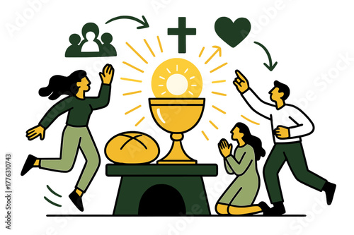 Sacred Rituals Symbolism. Eucharist and communion. Glowing chalice and bread on an abstract altar, floating