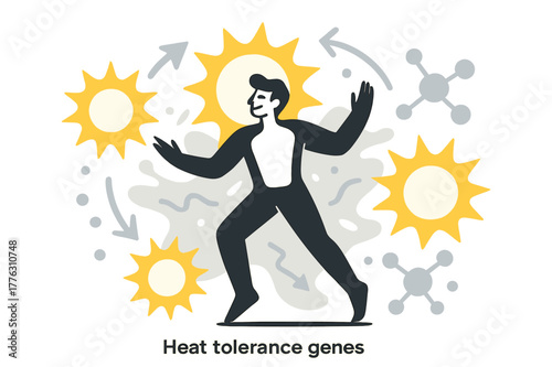 Heat Energy Dynamics. Heat tolerance genes. Human figure surrounded by glowing sun shapes and molecular structures. Energy and balance in extreme heat. Modern