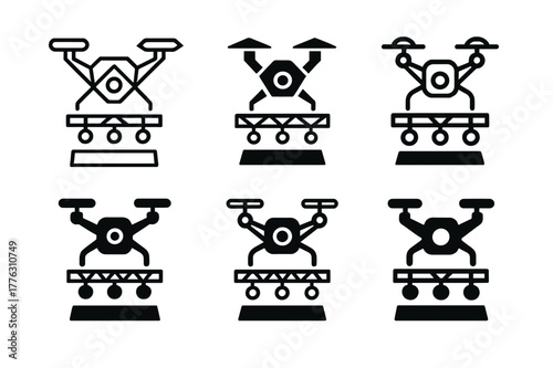 Music Video Logo Variations. Music video shoots and production. Set Logo of Music video shoots and production: drone camera over stage. Icon set. harmonious