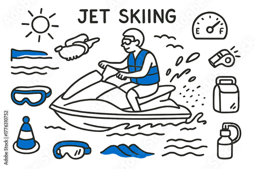 Jet Ski Adventure. // Jet skiing. Hand-drawn doodle illustration Jet skiing [jet ski (accented), rider with life jacket (accented), throttle handle, spray