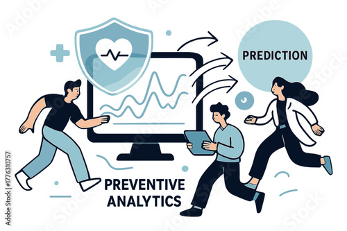 Preventive Analytics in Healthcare. Healthcare Tech ? Preventive Analytics. A screen displays smooth graphs and heart rate trends; arrows flow forward to