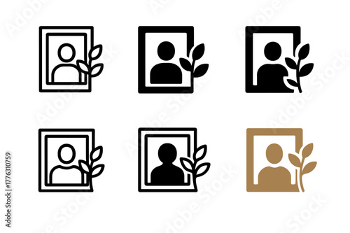 Family Decor Icons. Personalizing home decor with family photos. Set Logo of personalizing home decor with family photos: photo frame with plant decor. Icon