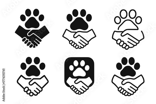 Adoption Paw Logos. Pet adoption services and advocacy. Set Logo of Pet adoption services and advocacy: adoption handshake with paw. Icon set. harmonious logo