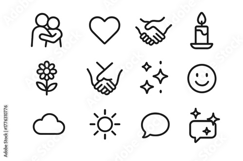 Affectionate Icon Set. Affectionate couple. Line outline icon set of affectionate couple: hugging figures,