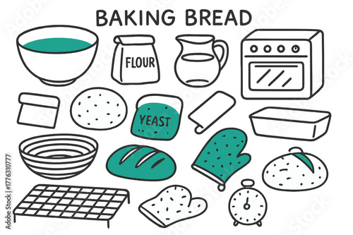 Baking Bread Doodles. // Baking bread. Hand-drawn doodle illustration Baking bread [mixing bowl (accented), flour bag, yeast packet (accented), water jug,